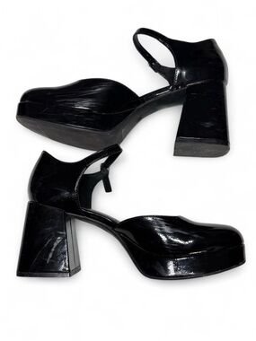 Black Patent Leather Mary Jane Platform Adjustable Slingback Heel Chunky Y2K 8.5